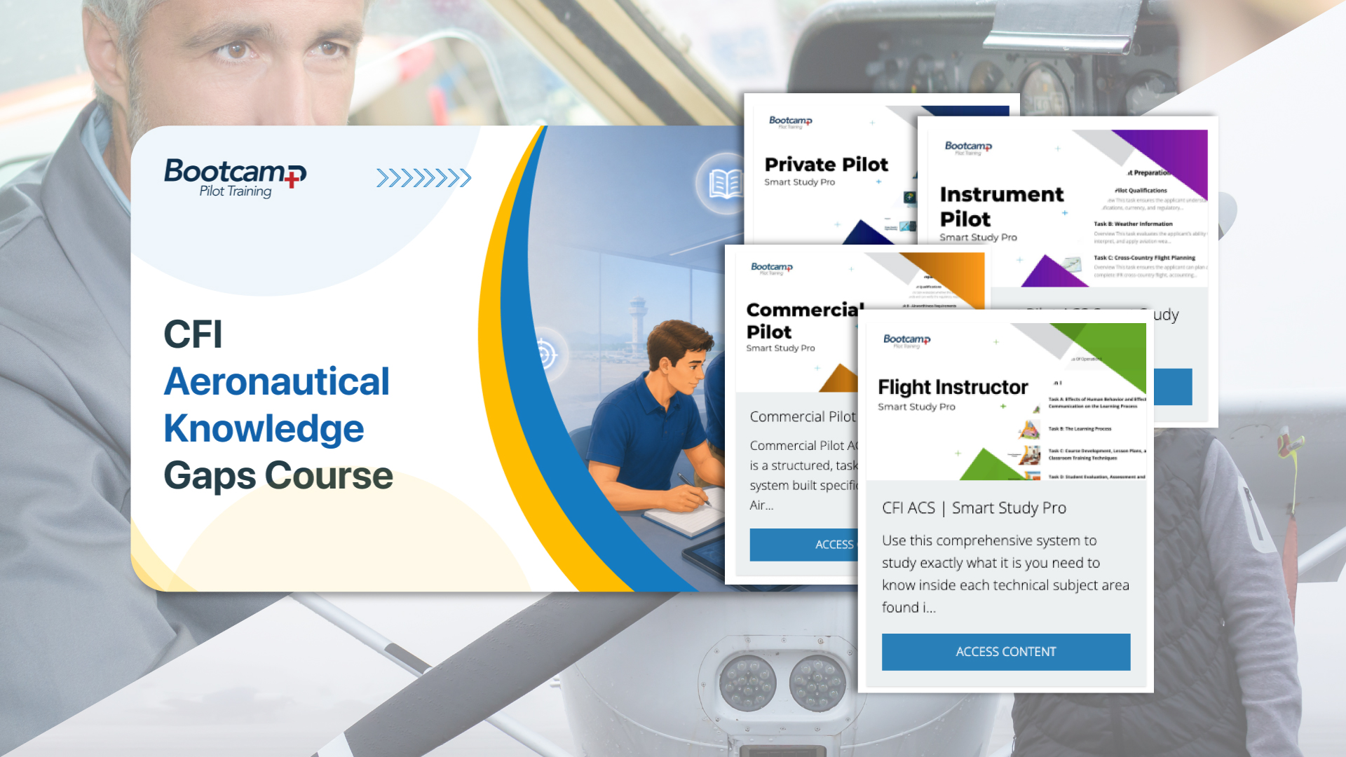Bootcamp Pilot Training course materials displaying CFI Aeronautical Knowledge Gaps Course alongside study guides for Private Pilot, Instrument Pilot, Commercial Pilot, and Flight Instructor certifications.