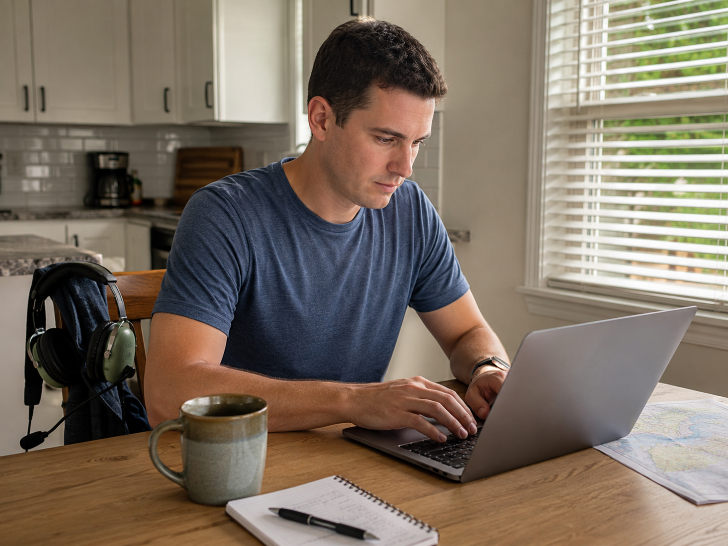 Man in blue shirt working on laptop at wooden desk with coffee mug, headphones, and notepad in bright kitchen.