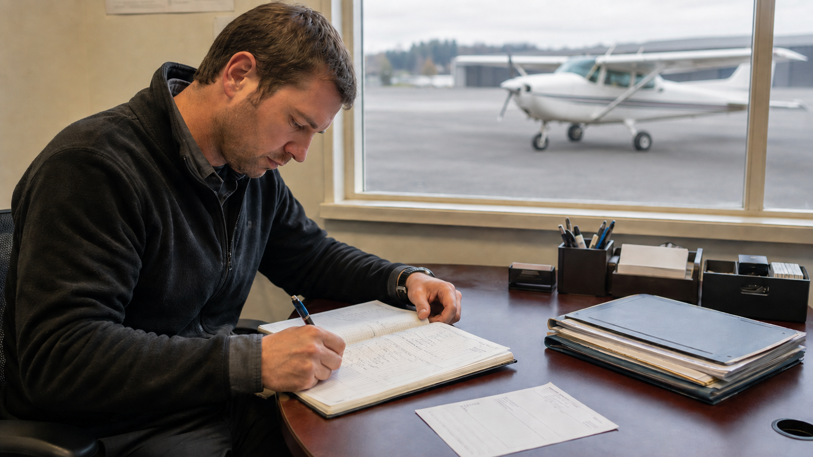 Man writing in notebook at desk with small aircraft visible through window behind him.