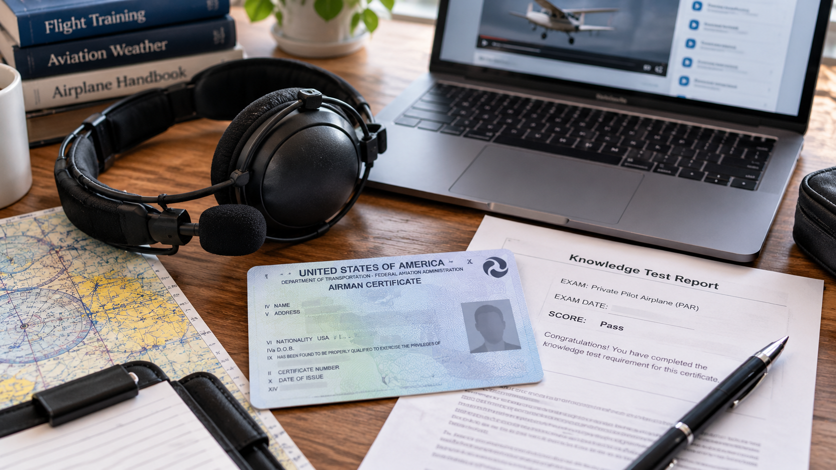Pilot training desk setup with airman certificate, knowledge test report showing "Pass," aviation books, headphones, sectional map, and laptop displaying flight training content.