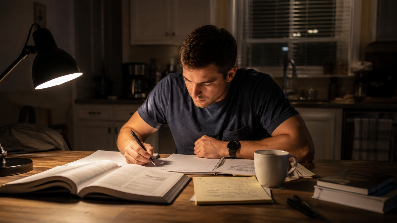 Man studying at desk late at night with lamp, books, and coffee mug while writing in notebook.
