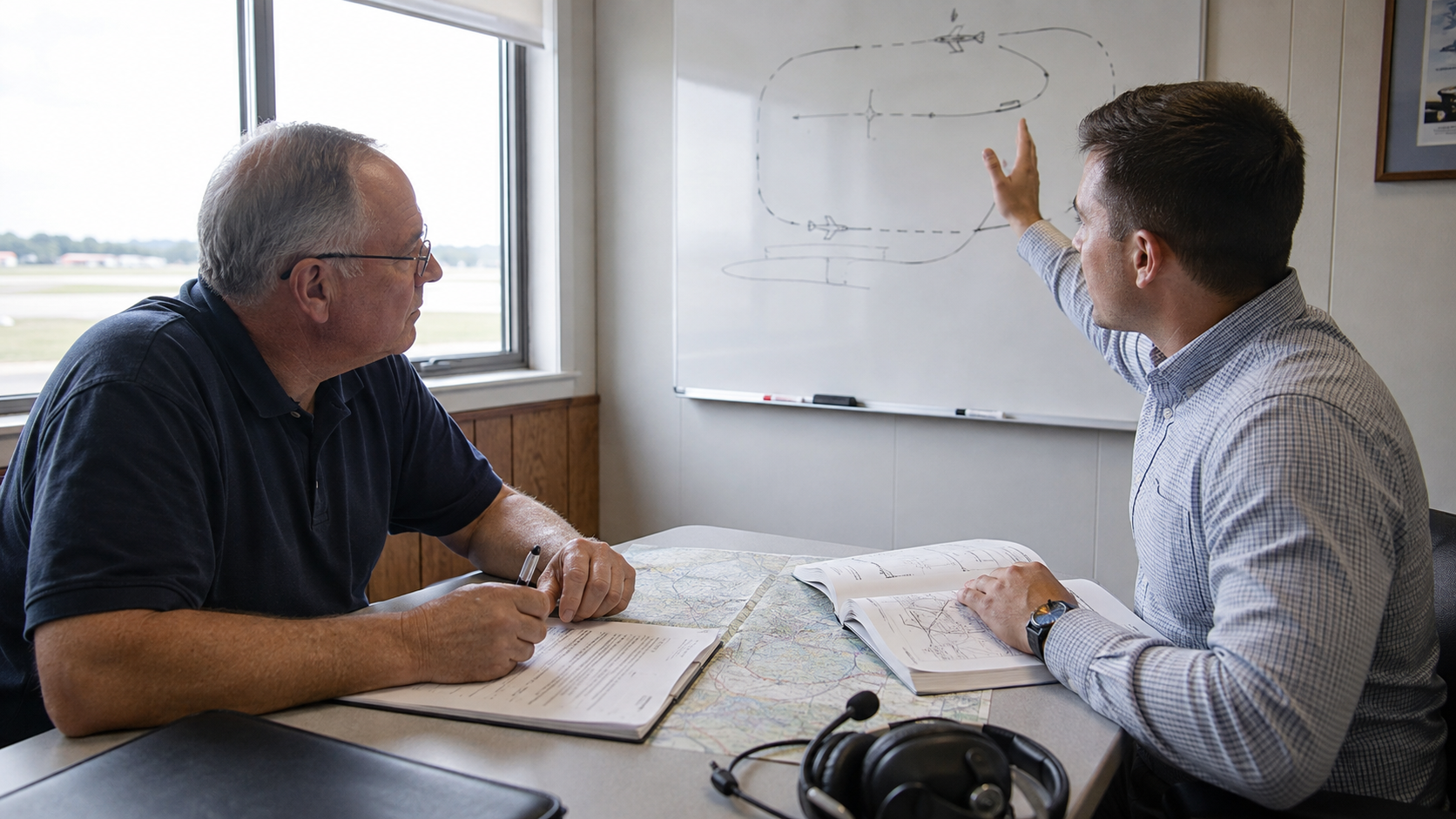 Two flight instructors discuss aeronautical charts and aircraft diagrams at a table during a training session.