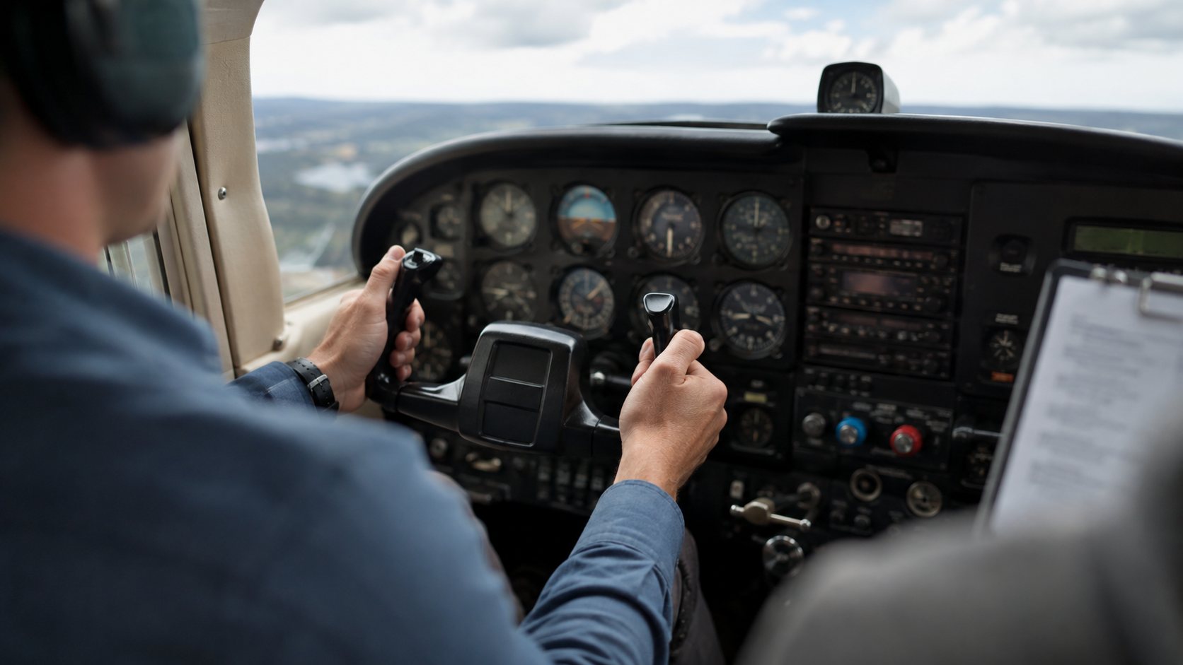 Pilot's hands on flight controls in small aircraft cockpit with instrument panel and landscape visible below through windscreen.