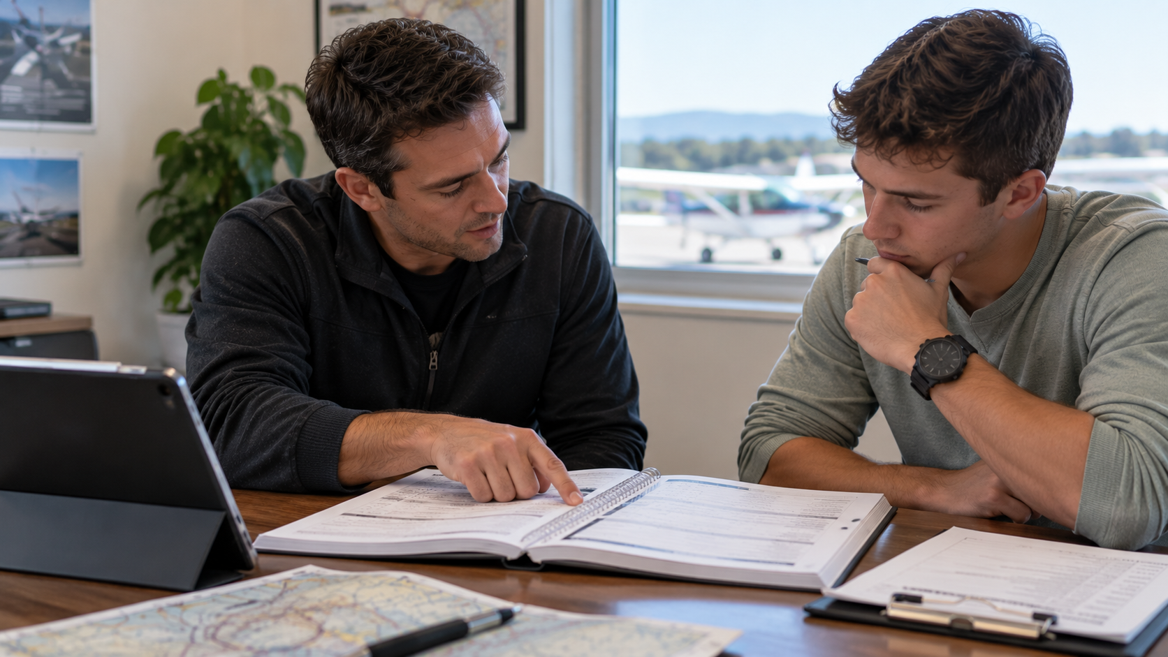 Two instructors review aviation charts and documents at a desk with a laptop, overlooking an airport with planes through large windows.