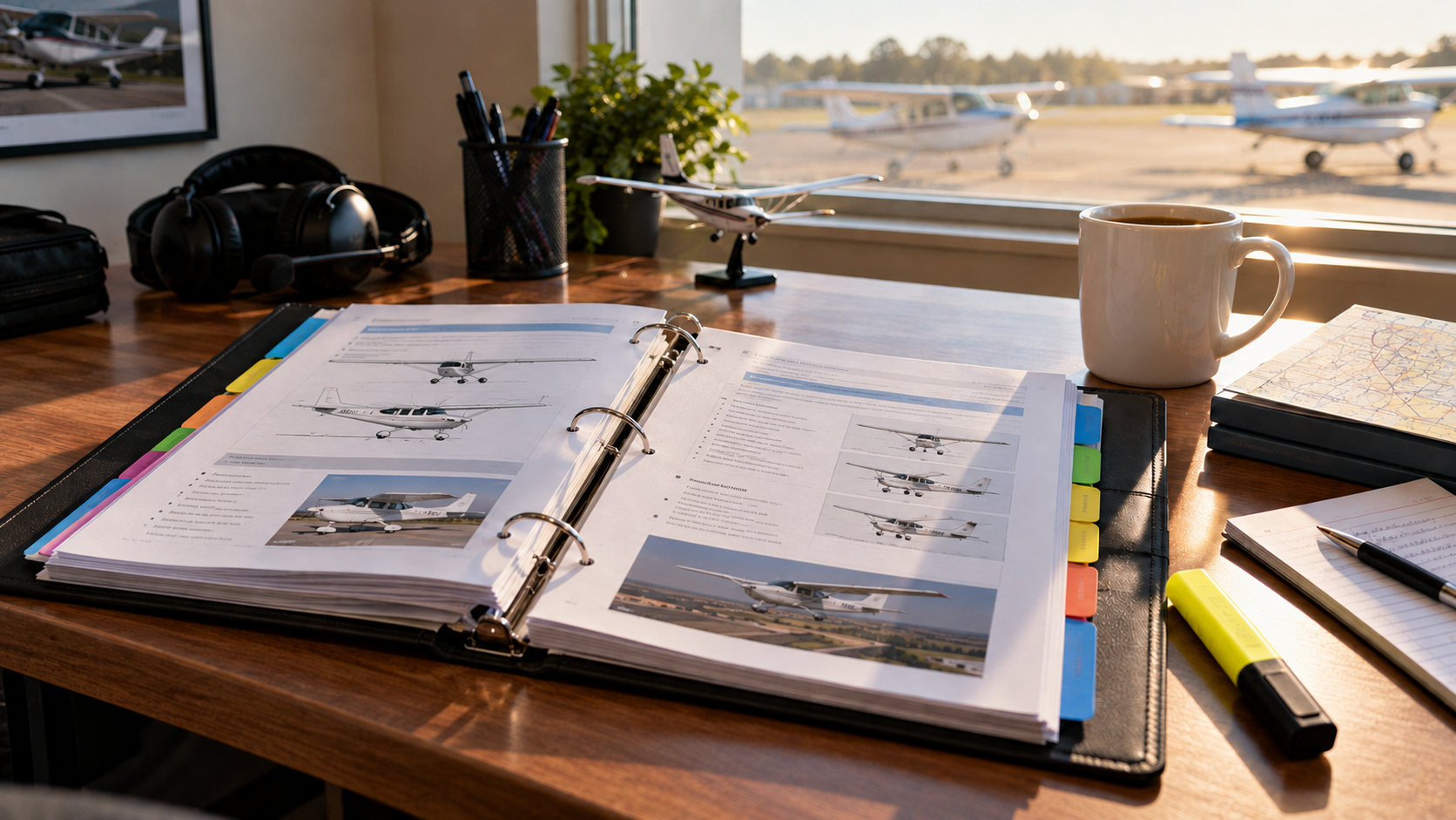 Pilot's desk overlooking airfield with open binder of aircraft diagrams, coffee mug, headphones, and highlighters in sunlit office.
