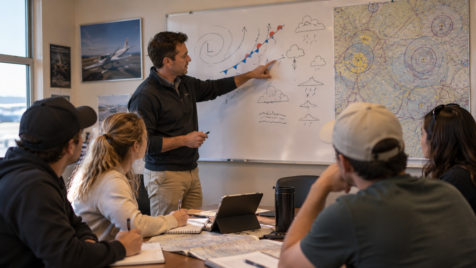 Flight instructor in dark polo shirt teaching weather and navigation concepts to students seated at table with laptops and materials.