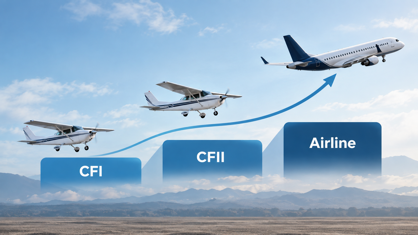 Aircraft progression showing growth from single-engine Cessna (CFI) to twin-engine plane (CFII) to commercial airliner (Airline) with upward trending arrow.