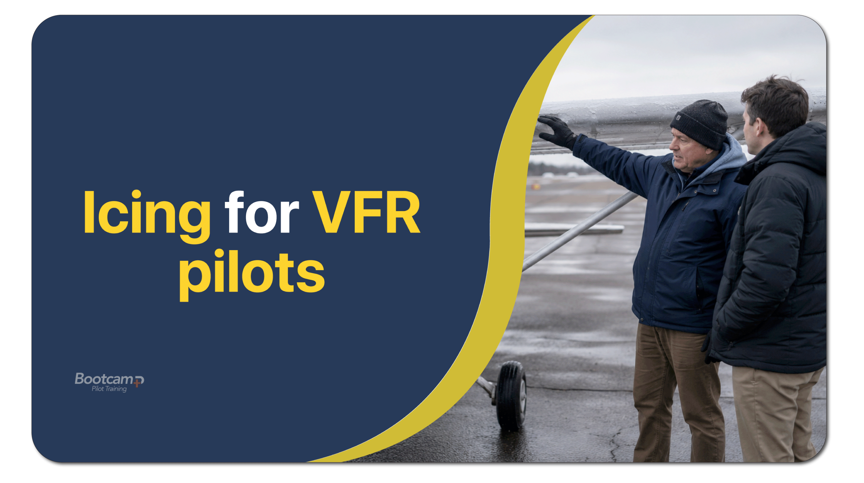 Two pilots inspect an aircraft on a wet tarmac, with one pointing toward the wing while discussing flight conditions.