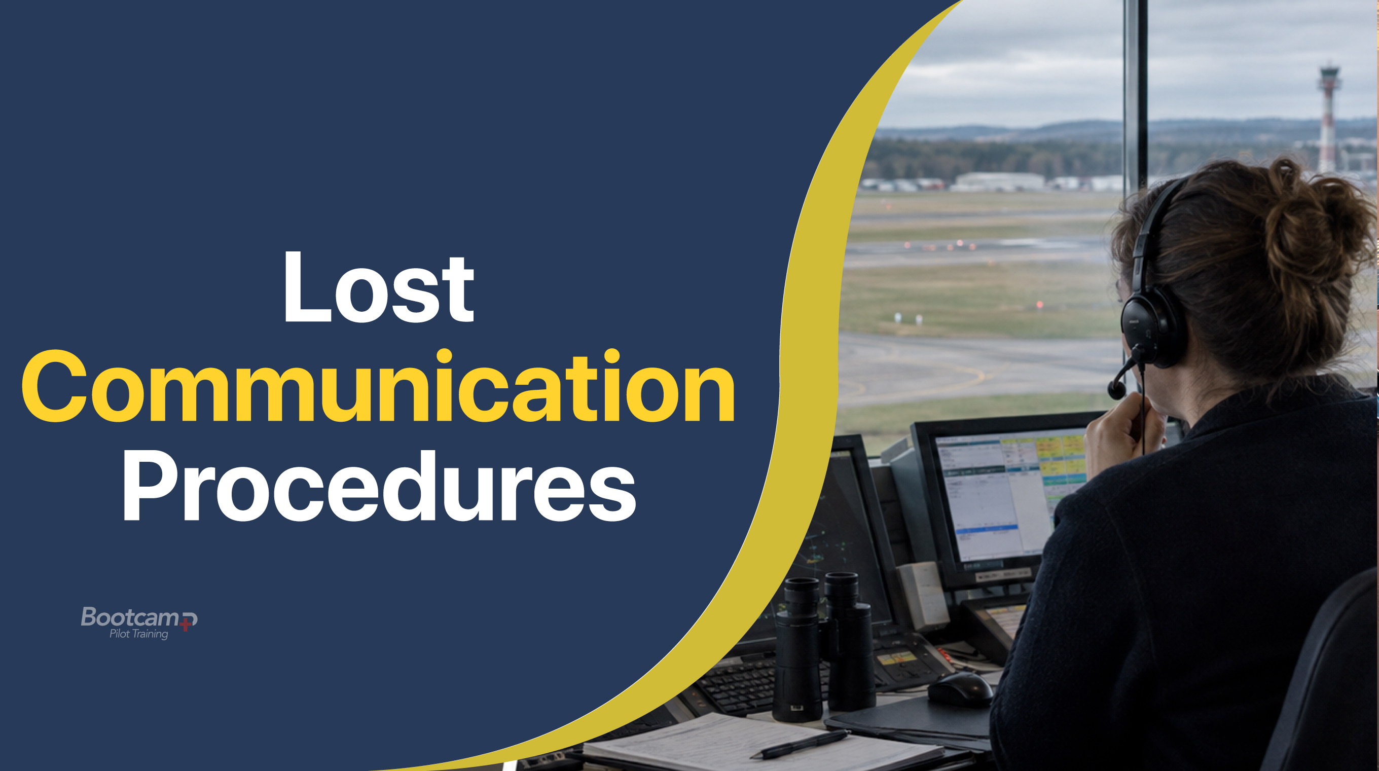 Air traffic controller wearing headset at radar scope in tower cab overlooking airport runway.