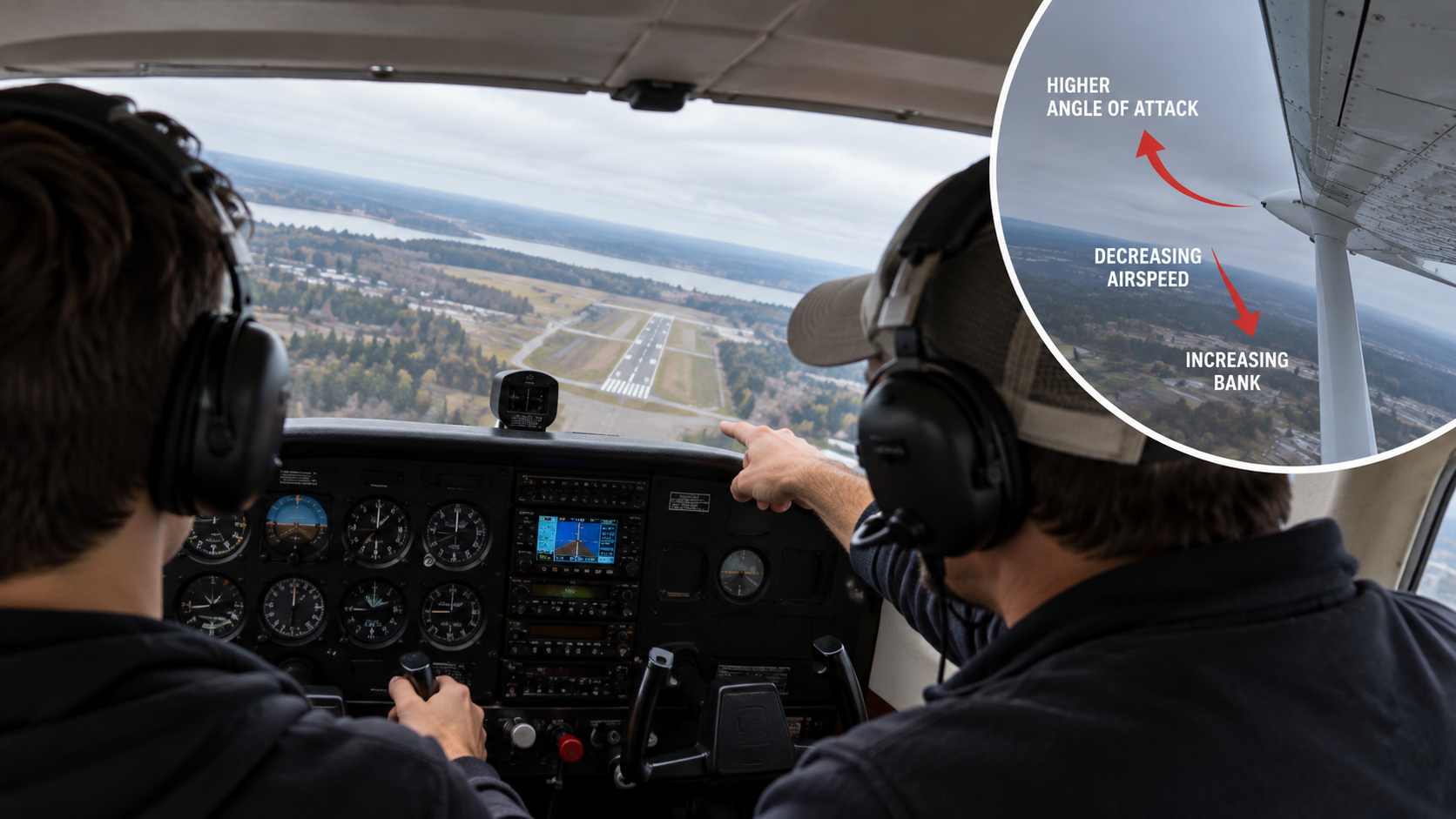 Cockpit view with two pilots approaching runway, inset diagram showing stall indicators: higher angle of attack, decreasing airspeed, and increasing bank angle.